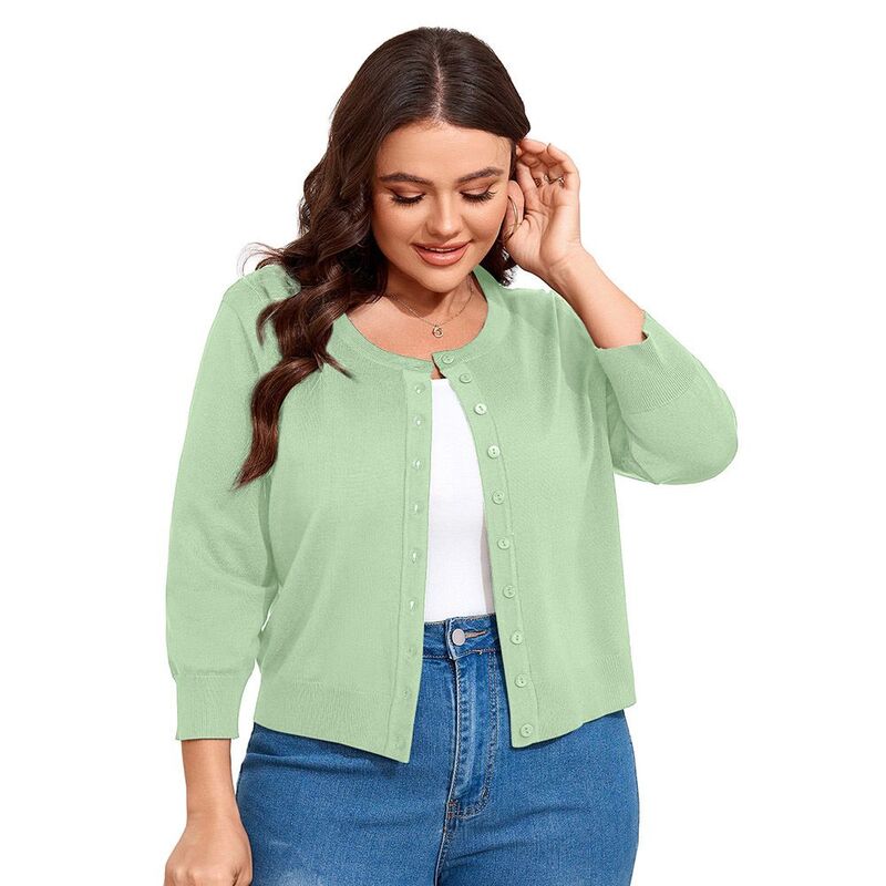 クリアフラワー レディース アウター ニット・セーター プラスサイズ カーディガン ClearFlower Women Plusize 3/4 Sleeve Knit Cardigan Lightweight Open Front Button-Up Top Light Green グリーン｜ReVida 店