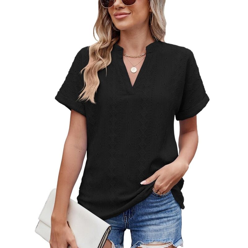 セオリア レディース トップス シャツ Vネック ブラウス Seoria Women Short Sleeve Shirts Elegant Summer Blouse V Neck T Shirt Loose Fitops Outfits Black ブラック｜ReVida 店