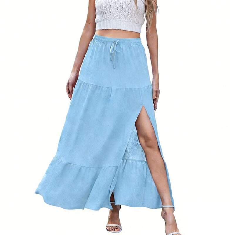 エリートスピリット レディース ボトムスカート ティアードローコードウエスト マキシ EliteSpirit Women's Lightweightie red Maxi Skirt with Adjustable Drawstring Waist Blue ブルー|ReVida 店