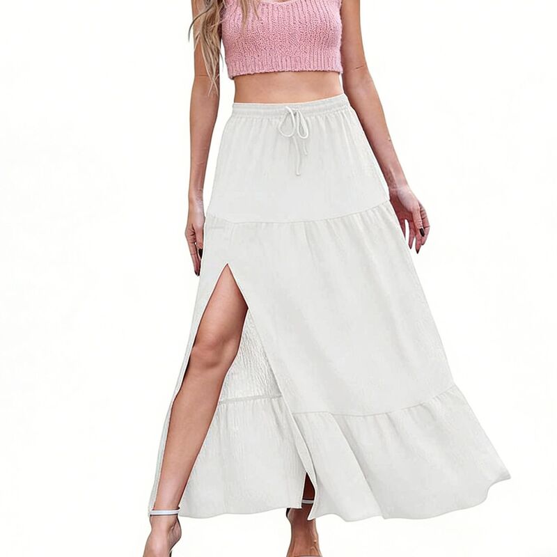 エリートスピリット レディース ボトムスカート ティアードローコードウエスト マキシ EliteSpirit Women's Lightweightie red Maxi Skirt with Adjustable Drawstring Waist White ホワイト|ReVida 店