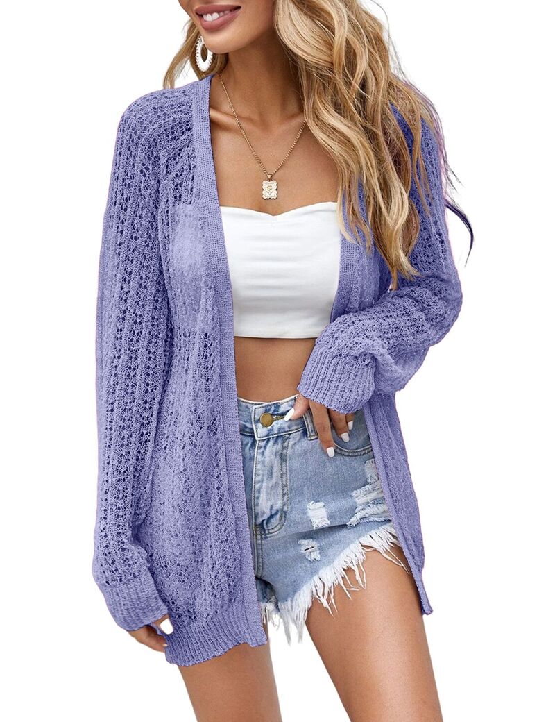 ファンジュライ レディース アウター ニット・セーター カーディガン FUNJULY Women Lightweight Cardigan Crochet Open Front Long Sleeve Summer Cardigans Periwinkle Blue ブルー｜ReVida 店