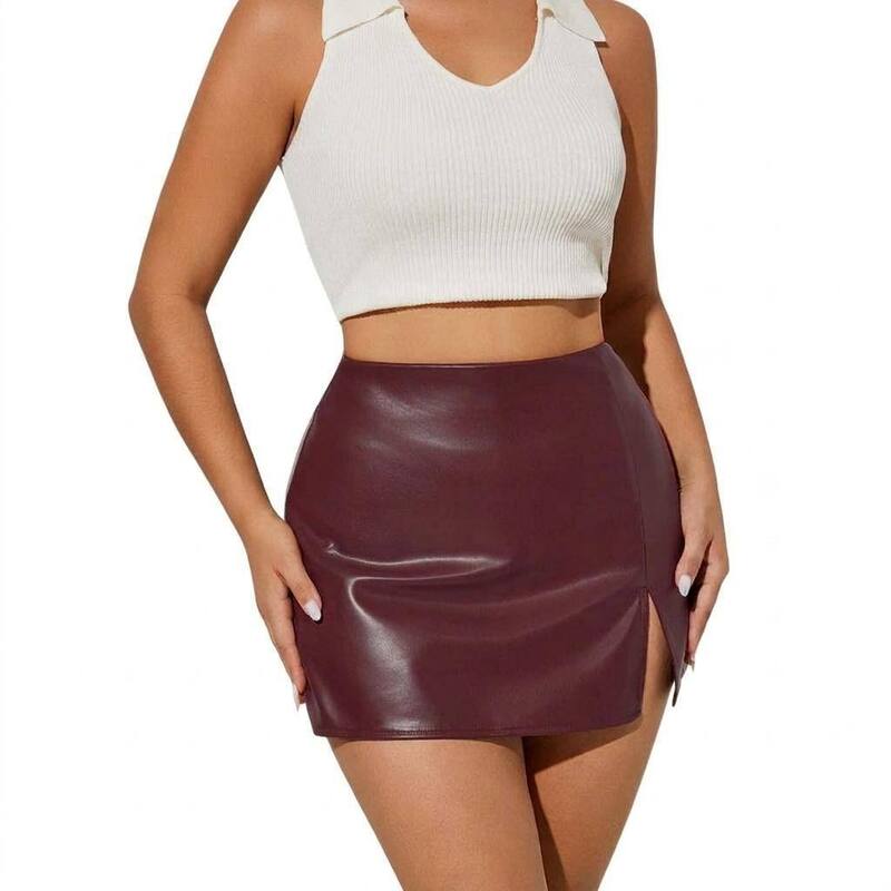 セオリア レディース ボトムスカート サイドスリット ハイウエスト ミニ レザー フェイクレザー Seoria High Waist Faux Leather Mini Skirt With Side Slit For Women Wine Red レッド|ReVida 店