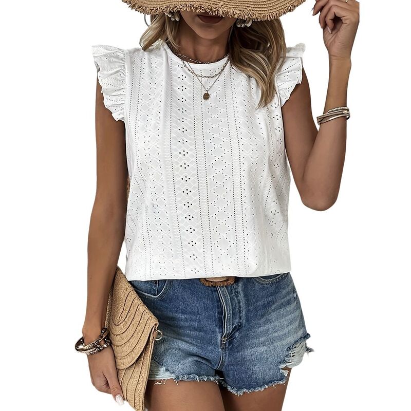 クリアフラワー レディース トップス シャツ クルーネック フリル ノースリーブラウス ClearFlower Women's Crew Neck Eyelet Sleeveless Top Ruffle Trim Tie Back Hollow Out Casual Summer Blouse White ホワイト|ReVida 店