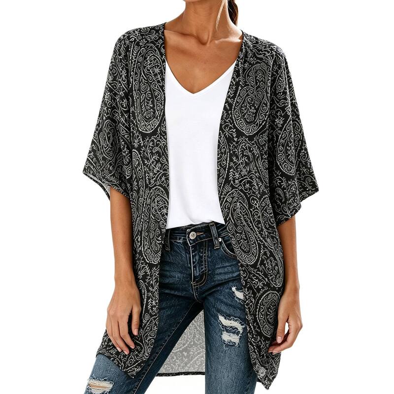 クリアフラワー レディース トップス シャツ プリント カーディガン ClearFlower Women Paisley Print Kimonopen Front Short Sleeve Cardigan Cover Up Black ブラック｜ReVida 店