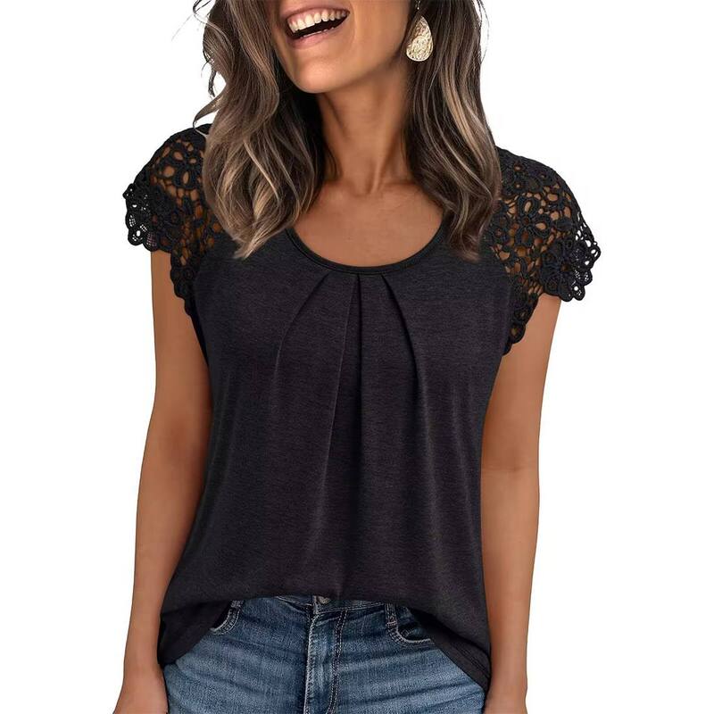 クリアフラワー レディース トップス シャツ クルーネック プリーツ キャップ レース ClearFlower Women's Lace Cap Sleeve Pleated Front-Shirt Crew Neck Casualoose Fitop Soft Summer Tee Black ブラック｜ReVida 店 8,495円