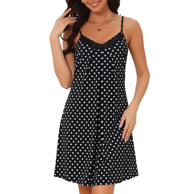 インスパイア シック レディース アンダーウェア ナイトウェア Vネック シャツ レース INSPIRE CHIC Women's Nightgown V-Neck Chemise Sleepwear Lace Nightwear Soft Lingerie Nightshirts Pajama Dress Polka Dots｜ReVida 店
