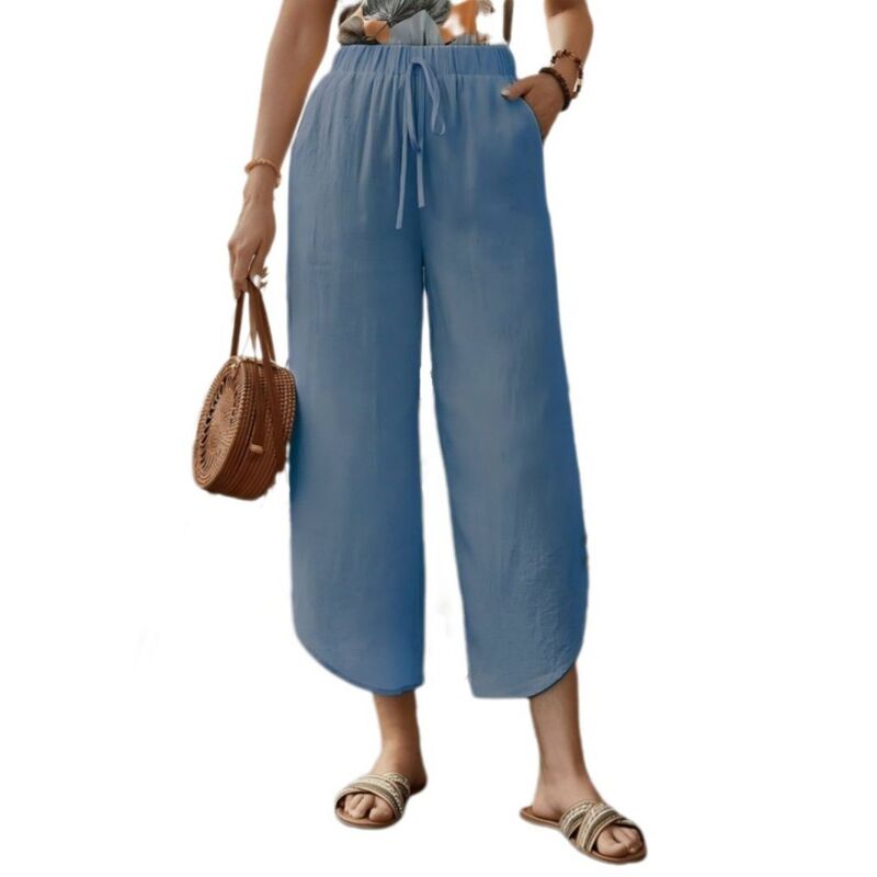 イエスファッション レディース ボトムス カジュアルパンツ ワイドレッグ コットン キャップ リネン Yesfashion Womens Cotton Linen Pantsummer Wide Leg Casualoose Waist Drawstring Palazzo Capri with Pockets Denim Blue デニム|ReVida 店