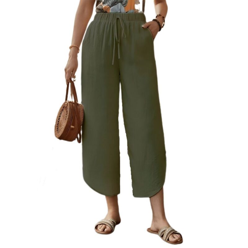 イエスファッション レディース ボトムス カジュアルパンツ ワイドレッグ コットン キャップ リネン Yesfashion Womens Cotton Linen Pantsummer Wide Leg Casualoose Waist Drawstring Palazzo Capri with Pockets Green グリーン|ReVida 店