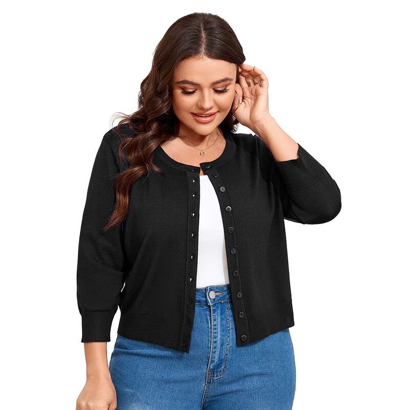 クリアフラワー レディース アウター ニット・セーター プラスサイズ カーディガン ClearFlower Women Plusize 3/4 Sleeve Knit Cardigan Lightweight Open Front Button-Up Top Black ブラック|ReVida 店
