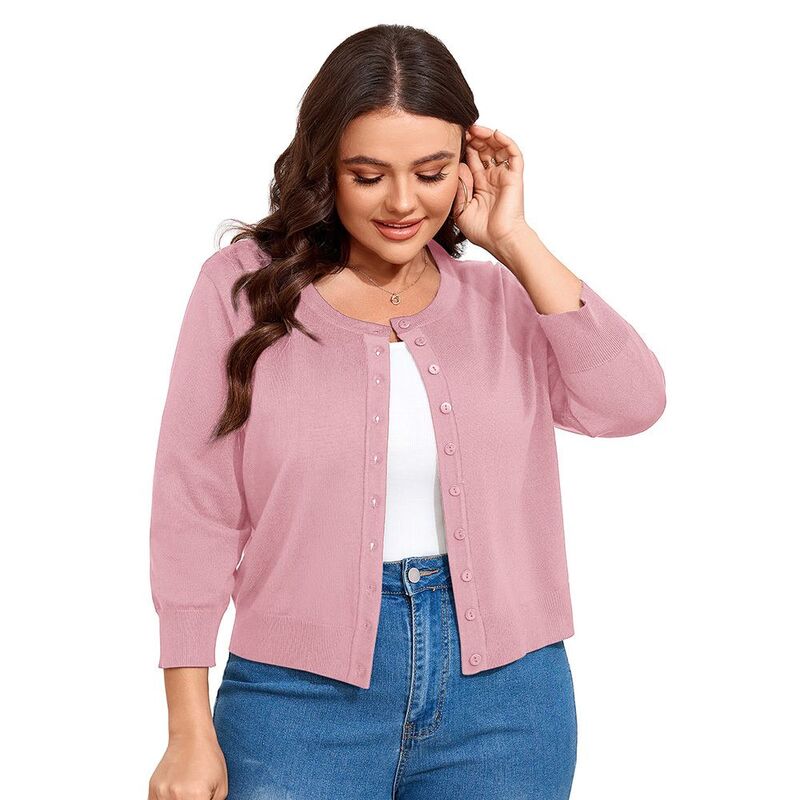 クリアフラワー レディース アウター ニット・セーター プラスサイズ カーディガン ClearFlower Women Plusize 3/4 Sleeve Knit Cardigan Lightweight Open Front Button-Up Top Light Pink ピンク｜ReVida 店