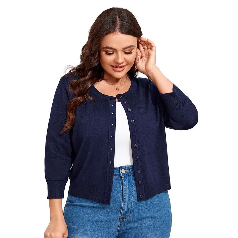 クリアフラワー レディース アウター ニット・セーター プラスサイズ カーディガン ClearFlower Women Plusize 3/4 Sleeve Knit Cardigan Lightweight Open Front Button-Up Top Navy Blue ネイビー｜ReVida 店 7,796円