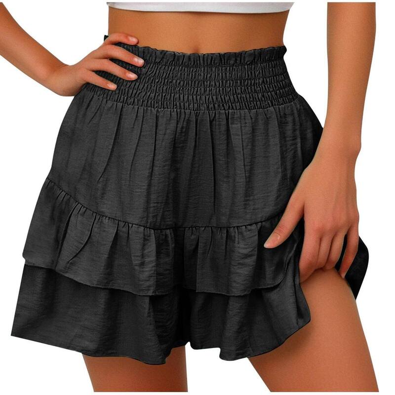 セオリア レディース ボトムスカート ハイウエスト フリル ショートパンツ Seoria Women's Casual High Waist Ruffled Laye red Shorts Elastic Waist Comfy Short Skirt Summer Beachwear Black ブラック|ReVida 店