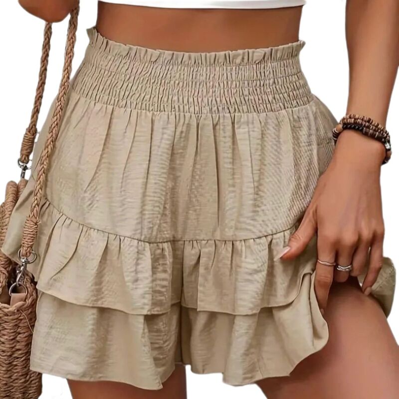 セオリア レディース ボトムスカート ハイウエスト フリル ショートパンツ Seoria Women's Casual High Waist Ruffled Laye red Shorts Elastic Waist Comfy Short Skirt Summer Beachwear Khaki カーキ|ReVida 店