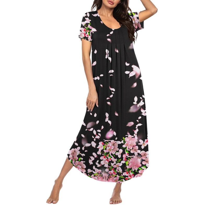 エコアー レディース アンダーウェア ナイトウェア プリーツ シャツ Ekouaer Long Nightgowns for Women Soft House Dress Pleated Front Nightshirt Fullength Loungwear Black Flower ブラック｜ReVida 店