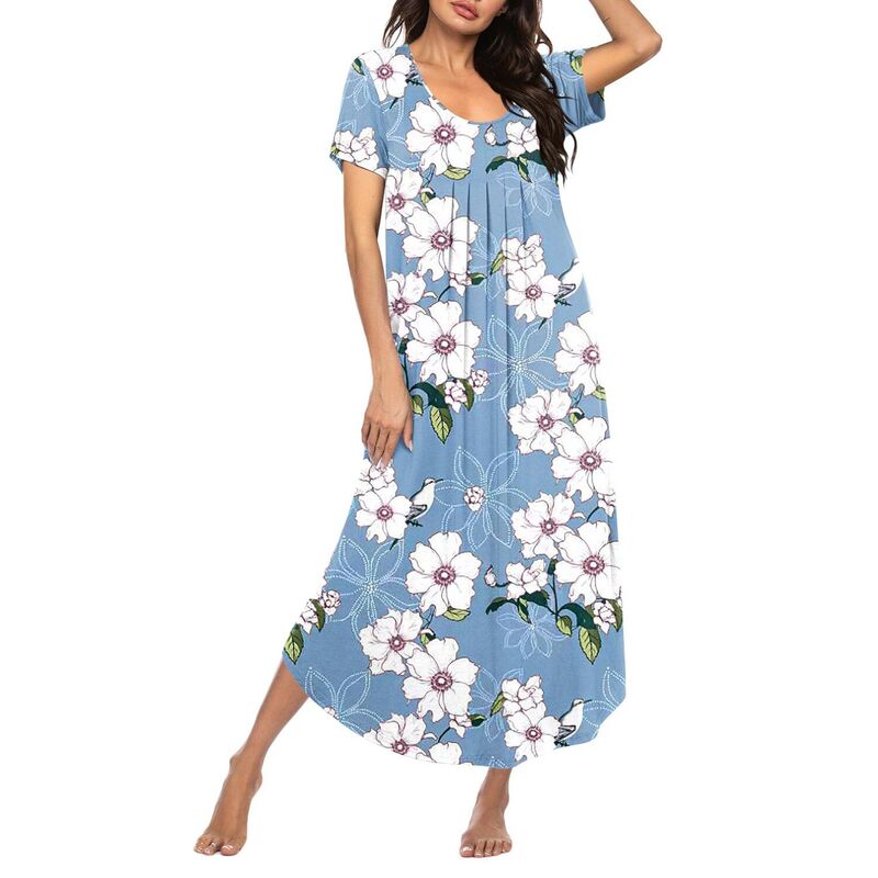 エコアー レディース アンダーウェア ナイトウェア プリーツ シャツ Ekouaer Long Nightgowns for Women Soft House Dress Pleated Front Nightshirt Fullength Loungwear Blue White Flowers ホワイト｜ReVida 店