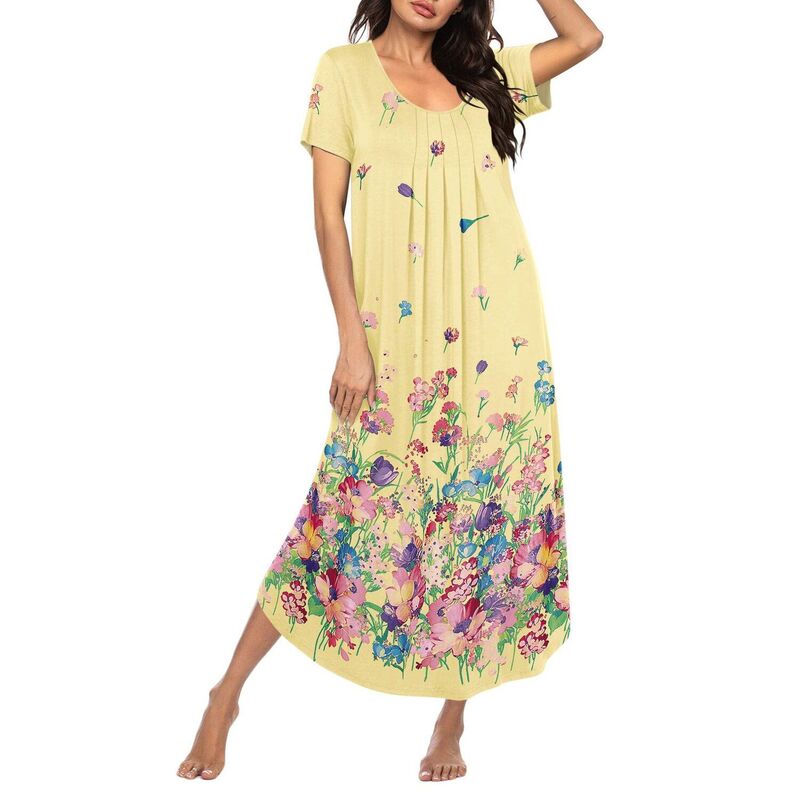 エコアー レディース アンダーウェア ナイトウェア プリーツ シャツ Ekouaer Long Nightgowns for Women Soft House Dress Pleated Front Nightshirt Fullength Loungwear Yellow Print イエロー｜ReVida 店