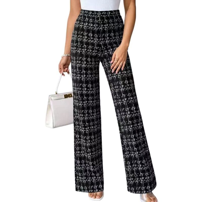 イエスファッション レディース ボトムス カジュアルパンツ ストレート プリント Yesfashion Women\'s Plaid Print High Waisted Straight Leg Elegant Long Trousers Black ブラック|ReVida 店