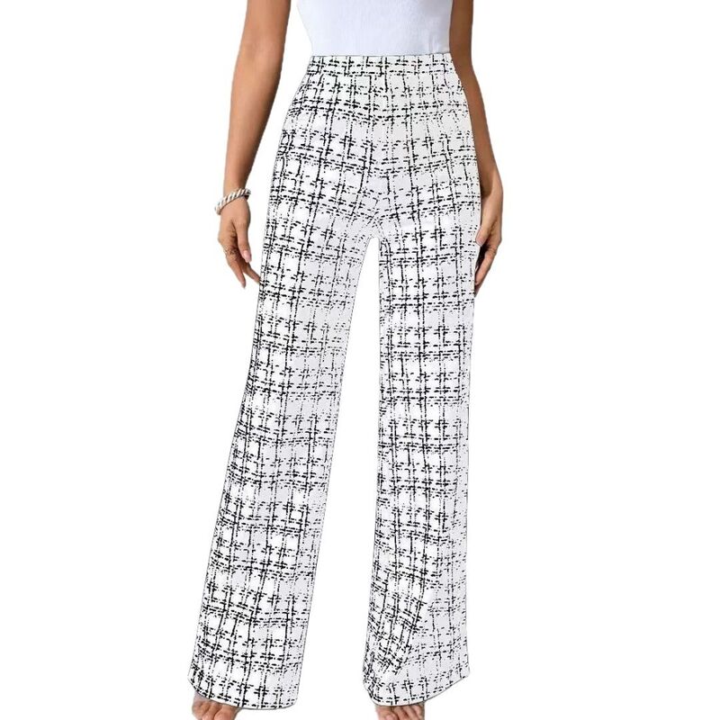 イエスファッション レディース ボトムス カジュアルパンツ ストレート プリント Yesfashion Women\'s Plaid Print High Waisted Straight Leg Elegant Long Trousers White ホワイト|ReVida 店