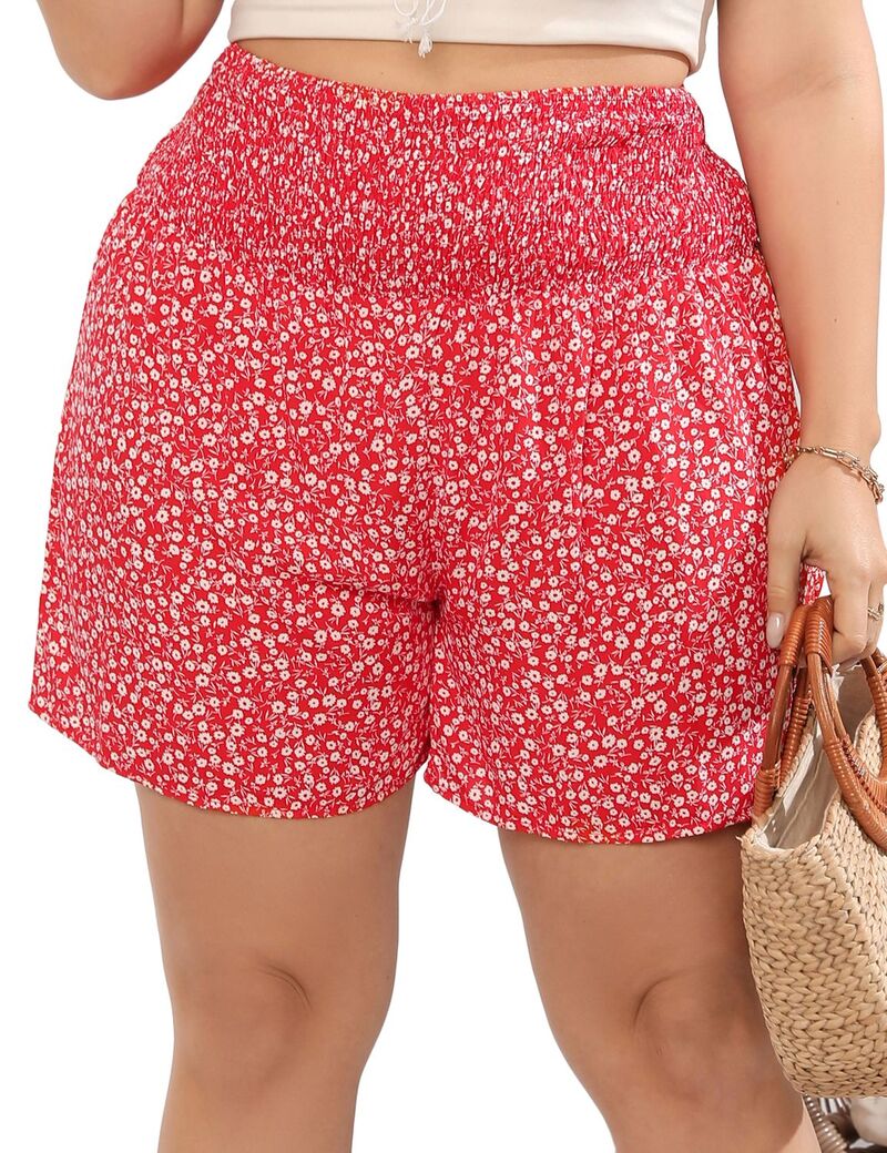 エリートチョイス レディース ボトムス ハーフパンツ・ショーツ プラスサイズ ショートパンツ Elitechoice Women's Plusize Casual Stretchigh Waisted Shorts Red Floral レッド|ReVida 店