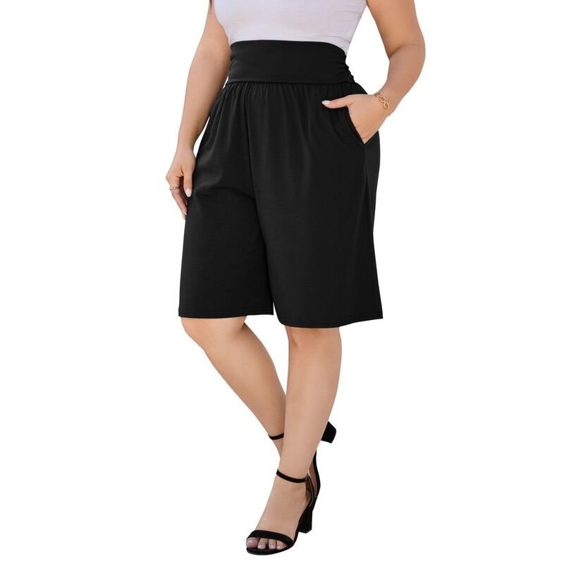 イエスファッション レディース ボトムス ハーフパンツ・ショーツ プラスサイズ ショートパンツ Yesfashion Women's Plusize Lounge Shorts with Pockets Lightweight Soft Relaxed Casual Solid Color Bottom Black ブラック|ReVida 店