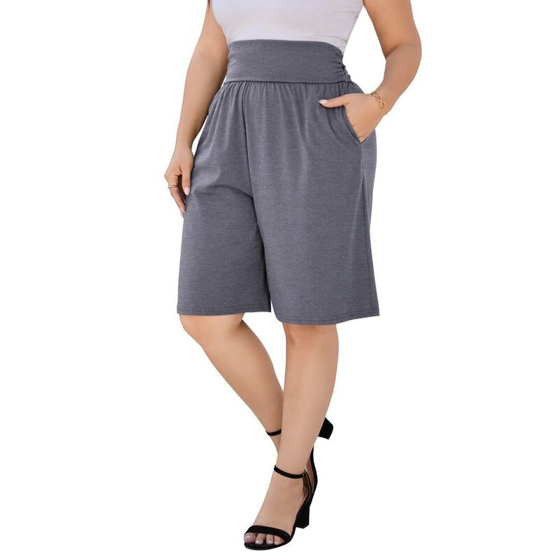 イエスファッション レディース ボトムス ハーフパンツ・ショーツ プラスサイズ ショートパンツ Yesfashion Women's Plusize Lounge Shorts with Pockets Lightweight Soft Relaxed Casual Solid Color Bottom Grey グレー|ReVida 店