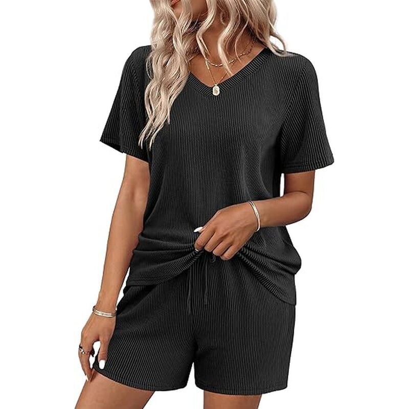 エコアー レディース アンダーウェア ナイトウェア Vネック ニット Ekouaer Womens Pajama Sets Knit Lounge Setwo Piece Pj for Women V Neck Casualoungewear Black ブラック｜ReVida 店