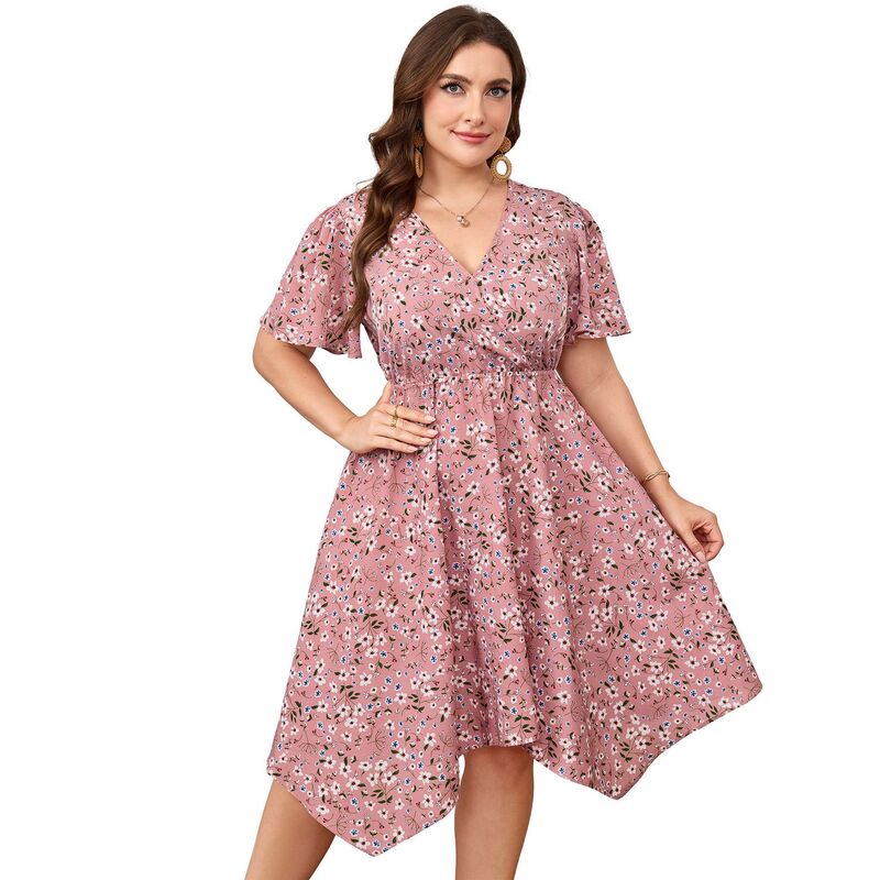 クリアフラワー レディース トップス ワンピース Vネック フラワー柄 プラスサイズ ミディ ClearFlower Women's Plusize Floral Wrap Midi Dresshort Sleeve Irregular V-Neck Flowy Summer Dress Pink White ホワイト｜ReVida 店