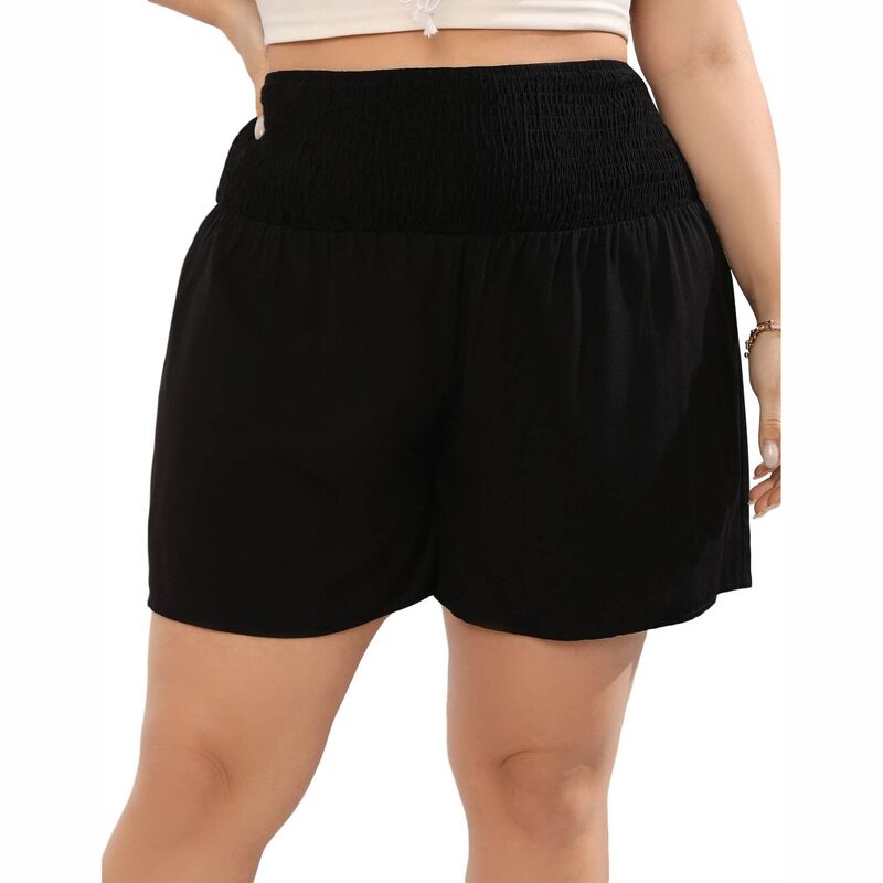 セオリア レディース ボトムス ハーフパンツ・ショーツ プラスサイズ ショートパンツ シャーリング Seoria Women's Plusize Smocked Waist Shorts Black ブラック|ReVida 店