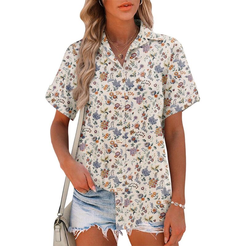 ジーグー レディース トップス シャツ ボタンダウン コットン ダウン ブラウス Zeagoo Women Summer Button Down Shirt Short Sleeve Cotton Blouse Beach Vacation Outfit Cream Floral クリーム｜ReVida 店