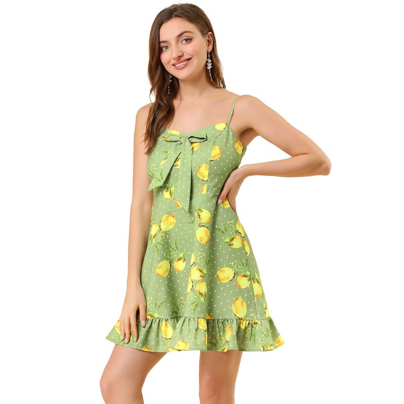 アレグラ ケー レディース トップス ワンピース ALLEGRA K Women'spaghetti Strap Bowknot Lemon Dotted Summer Dress Green グリーン|ReVida 店