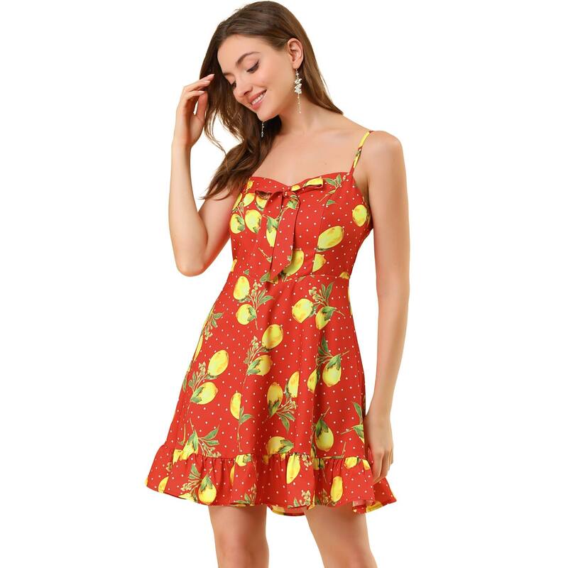 アレグラ ケー レディース トップス ワンピース ALLEGRA K Women'spaghetti Strap Bowknot Lemon Dotted Summer Dress Red レッド|ReVida 店