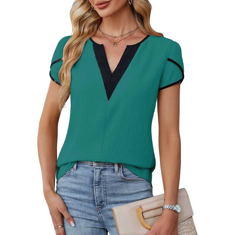 クリアフラワー レディース トップス シャツ Vネック ブラウス ClearFlower Women's Color Block V-Neck Short Sleeve Blouse, Petal Sleeve Wrinkle Textu red Shirt Peacock Green グリーン｜ReVida 店