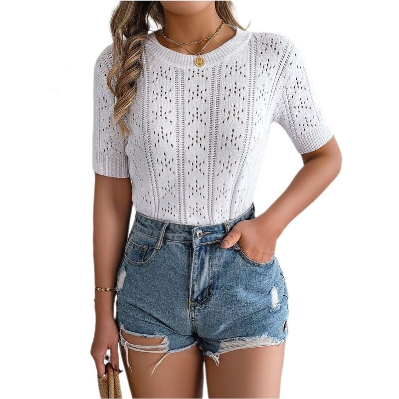 ボディサイズ レディース アウター ニット・セーター シャツ ブラウス BODDYSIZE Womens Lightweighthin Summer Pullover Sweater Puff Short Sleeve Tops Pullover Shirt Knit Blouse White ホワイト|ReVida 店