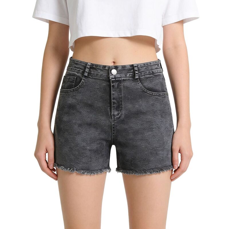 エリートスピリット レディース ボトムス ハーフパンツ・ショーツ ハイウエスト ショートパンツ デニム EliteSpirit Women's High Waist Denim Shorts with Button Closure Frayed Hem Patch Pockets Gray グレー|ReVida 店