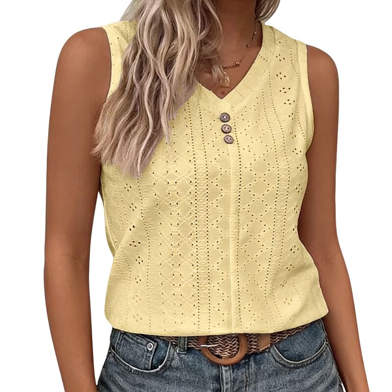 クリアフラワー レディース トップス シャツ Vネック ノースリーブラウス ClearFlower Women's Casual V Neck Sleeveless Tank Top Summer Button Detail Hollow Out Blouse Yellow イエロー｜ReVida 店