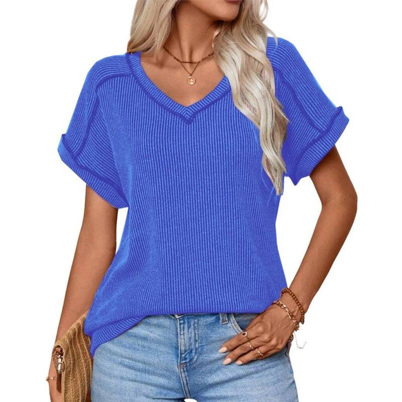 ミスキー レディース トップス Tシャツ Vネック リブ ニット MISSKY Women'summer Short Sleeve T Shirt Casual V Neck Two-Coloribbed Knitunic Tops Blue ブルー｜ReVida 店