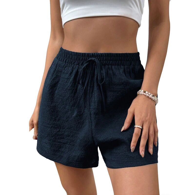 クリアフラワー レディース ボトムス ハーフパンツ・ショーツ ハイウエスト ショートパンツ ClearFlower Women'summer Texturedrawstring Elastic High Waist Shorts Casual Soft Work Boho Pants Dark Blue ブルー|ReVida 店