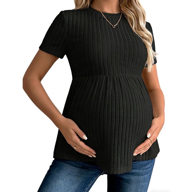 エリートスピリット レディース トップス シャツ クルーネック リブ ニット マタニティ EliteSpirit Women's Maternity Ribbed Knit Peplum Top Short Sleeve Crew Neck Pregnancy Shirt Black ブラック｜ReVida 店