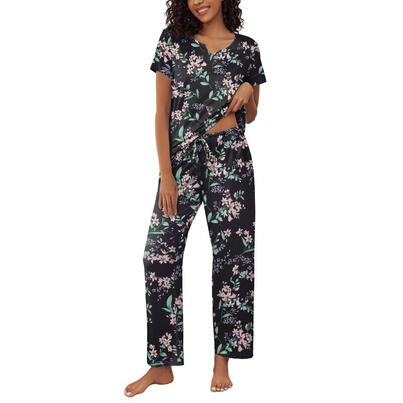 エコアー レディース アンダーウェア ナイトウェア プリント パンツ Ekouaer 2 Piece Womens Pajamashort Sleeve Top and Long Pants Pjset Printed Sleepwear with Pocket Flowers Black ブラック｜ReVida 店