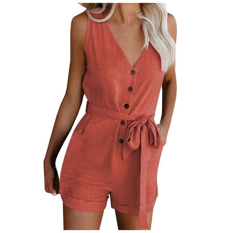 クリアラブ レディース トップス ワンピース クルーネック フリル ロンパース ノースリーブ ジャンプスーツ Clearlove Women'summer Casual Sleeveless Rompers Crewneck Ruffle Cute Jumpsuits Orange オレンジ｜ReVida 店