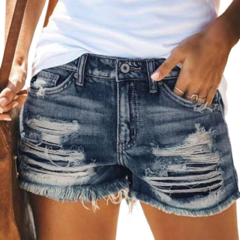 イエスファッション レディース ボトムス ハーフパンツ・ショーツ ショートパンツ デニム Yesfashion Women\'s Mid Rise Ripped Stretchy Frayed Raw Hem Casual Denim Shorts Blue Black ブラック|ReVida 店
