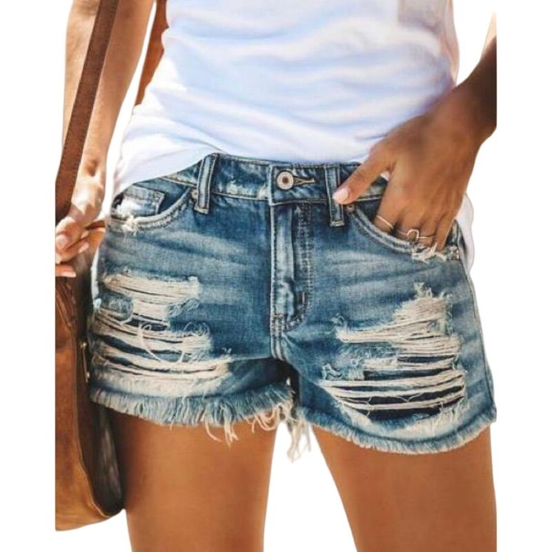 イエスファッション レディース ボトムス ハーフパンツ・ショーツ ショートパンツ デニム Yesfashion Women\'s Mid Rise Ripped Stretchy Frayed Raw Hem Casual Denim Shorts Dark Blue ブルー|ReVida 店