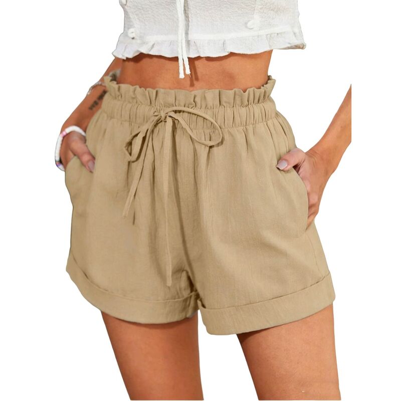 コジョイン レディース ボトムス ハーフパンツ・ショーツ ショートパンツ Kojooin Women\'s Drawstring Elastic Waist Casual Shorts, Loose Fit Rolled Hem Beach Shorts with Pockets Khaki カーキ|ReVida 店