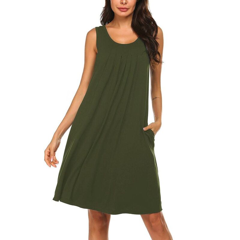 エコアー レディース アンダーウェア ナイトウェア プリーツ シャツ Ekouaer Night Gowns for Adult Womens Round Neck Sleep Shirts Pockets Night Shirts Pleated Front Dark Army Green グリーン｜ReVida 店