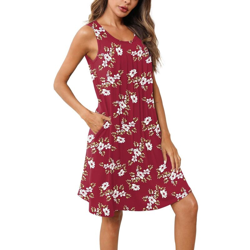 エコアー レディース アンダーウェア ナイトウェア プリーツ シャツ Ekouaer Night Gowns for Adult Womens Round Neck Sleep Shirts Pockets Night Shirts Pleated Front Wine Red White Flower ホワイト｜ReVida 店