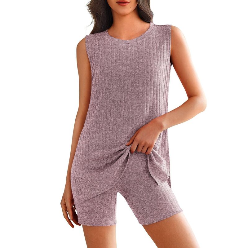 エコアー レディース アンダーウェア ナイトウェア リブ ノースリーブ ニット Ekouaer Elouaer Womens Pajamas Two Piece Lounge Set Sleeveless Ribbed Knit Sleepwear Purple Red レッド｜ReVida 店