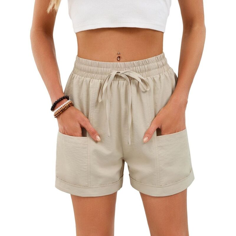イエスファッション レディース ボトムス ハーフパンツ・ショーツ ワイドレッグ ショートパンツ Yesfashion Womens Elastic Waist Wide Leg Drawstring Casualounge Comfy Beach Shorts with Pockets Apricot アプリコット|ReVida 店