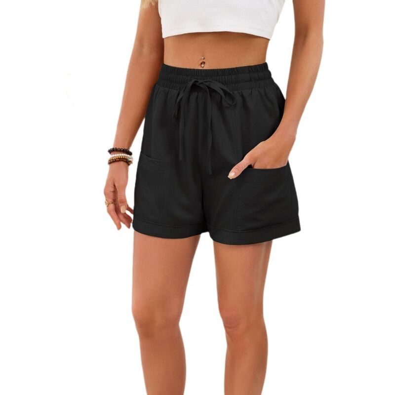 イエスファッション レディース ボトムス ハーフパンツ・ショーツ ワイドレッグ ショートパンツ Yesfashion Womens Elastic Waist Wide Leg Drawstring Casualounge Comfy Beach Shorts with Pockets Black ブラック|ReVida 店