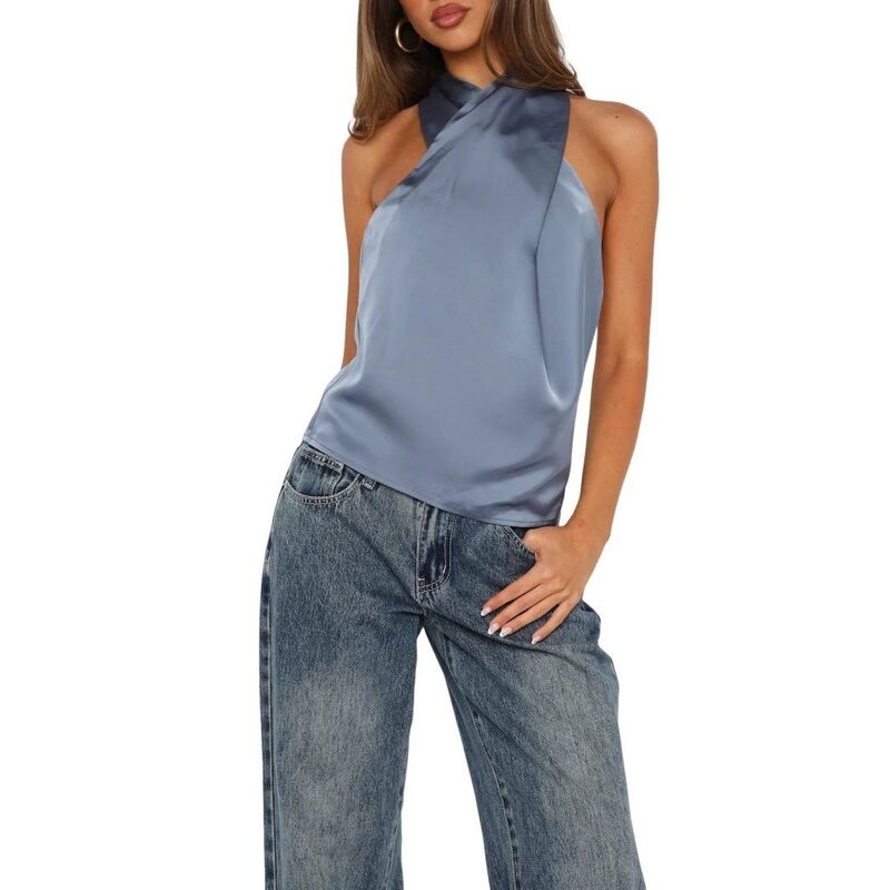 イエスファッション レディース トップス シャツ 背中開き サテン ノースリーブラウス ホルター Yesfashion Women Satin Halter Criss Cross Neck Sleeveless Backless Going Out Blouse Blue ブルー｜ReVida 店