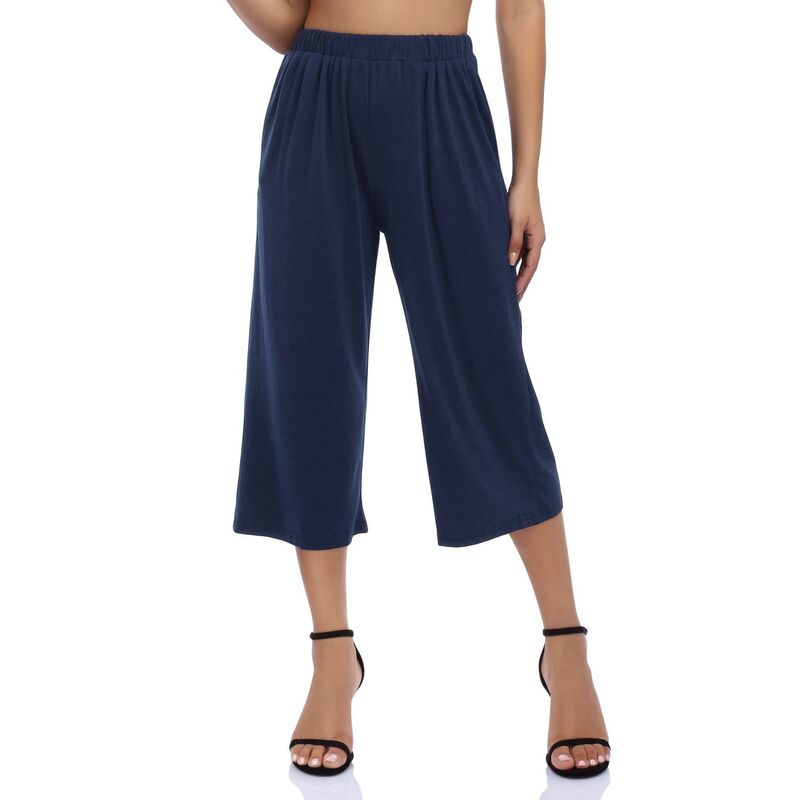 セオリア レディース ボトムス カジュアルパンツ ワイドレッグ クロップド キャップ Seoria Women's Wide Leg Capri Lounge Pant Casual Elastic High Waisted Cropped Palazzo Pant Spring Summer Deep Blue ブルー|ReVida 店